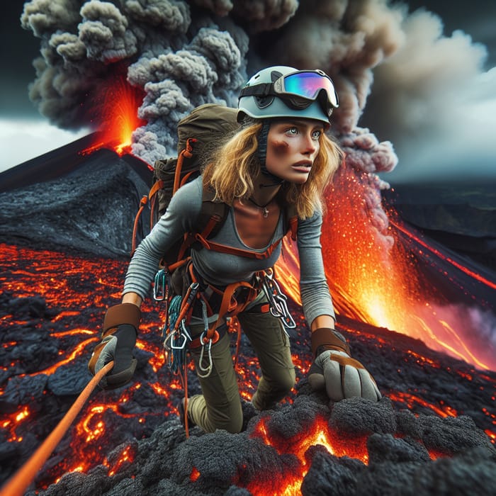 Brave Girl Ventures Towards Erupting Volcano