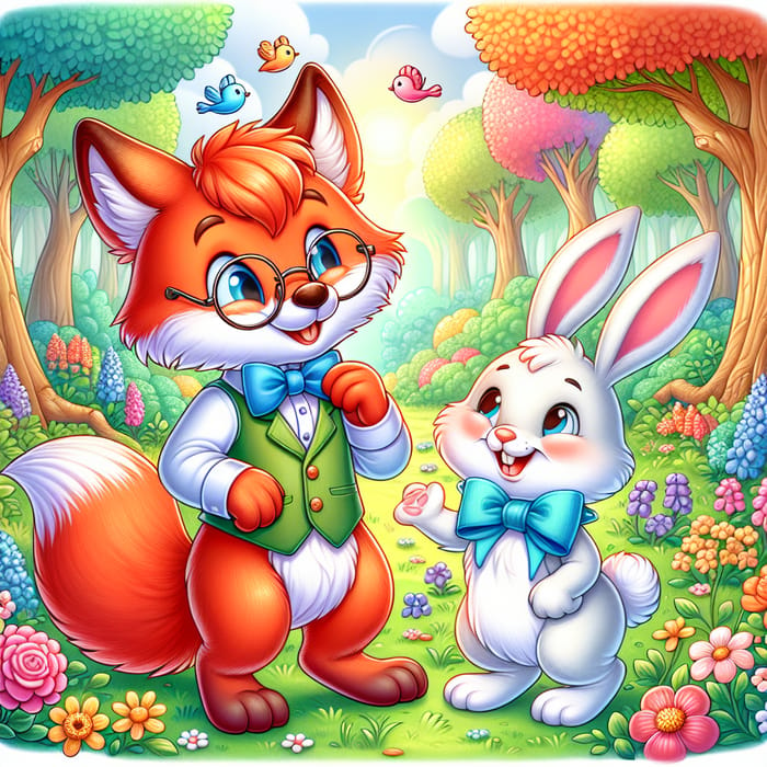 Vibrant Cartoon Scene: Fox and Rabbit in Enchanted Forest