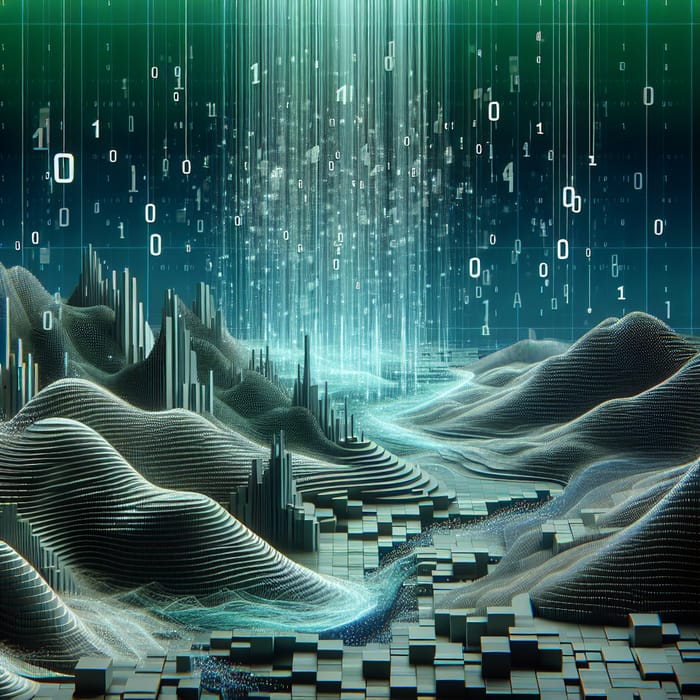 Futuristic Digital Landscape with Cascading Data Streams and Pixelated Hills