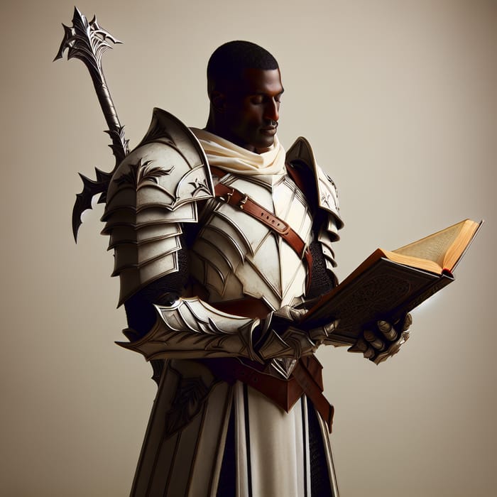 Black Male Paladin in Light Armor Studying Ancient Tome
