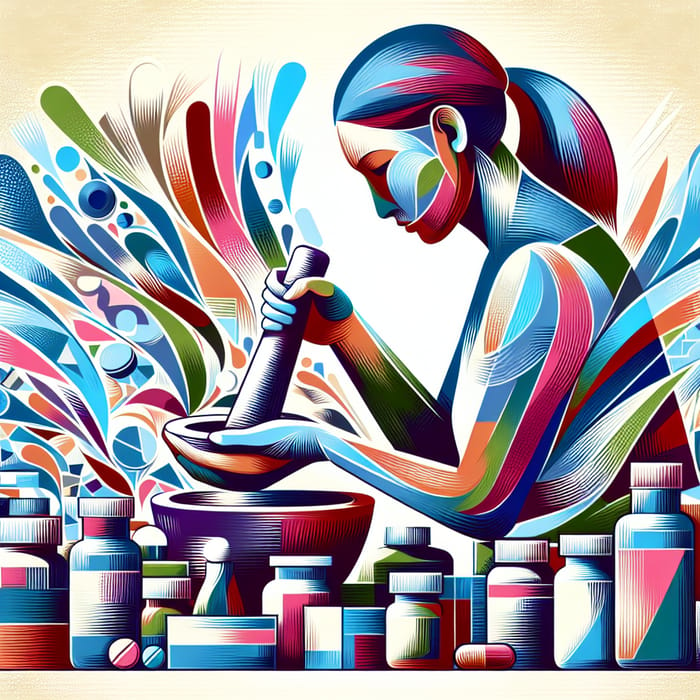 South Asian Female Pharmacist Abstract Art | Medication Preparation with Motion & Vitality