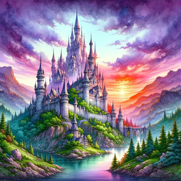 Fantasy Castle Watercolor Scene | Enchanting Artwork