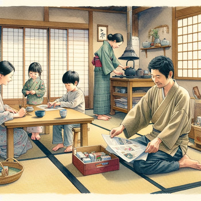 Japanese Family Watercolor Painting | Serene Domestic Scene