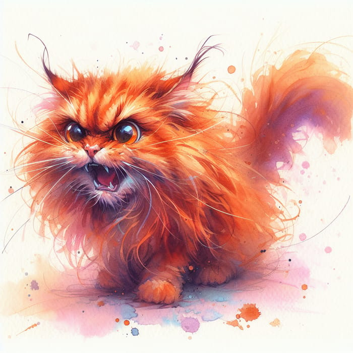 Enraged Cat Watercolor Portrait | Intense Orange Fur