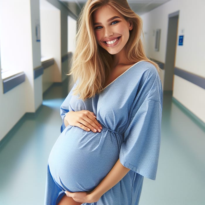 Pregnant Woman Smiling in Hospital | Blue Gown