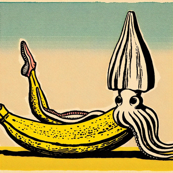 Squid Banana Yoga: Anime Style Artwork with Japanese Woodblock Influence