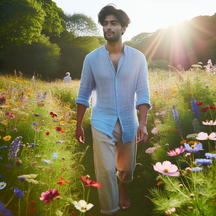 Peaceful Flower Meadow Stroll: South Asian Man | Nature Beauty