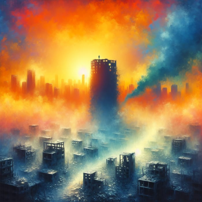 Resilient Human Figure in Dusk Cityscape Painting