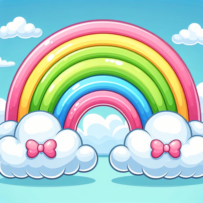 Colorful Green-Pink Cartoon Rainbow with Fluffy Clouds