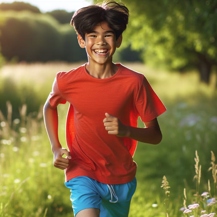Energetic Teen Boy Running Through Sunlit Field