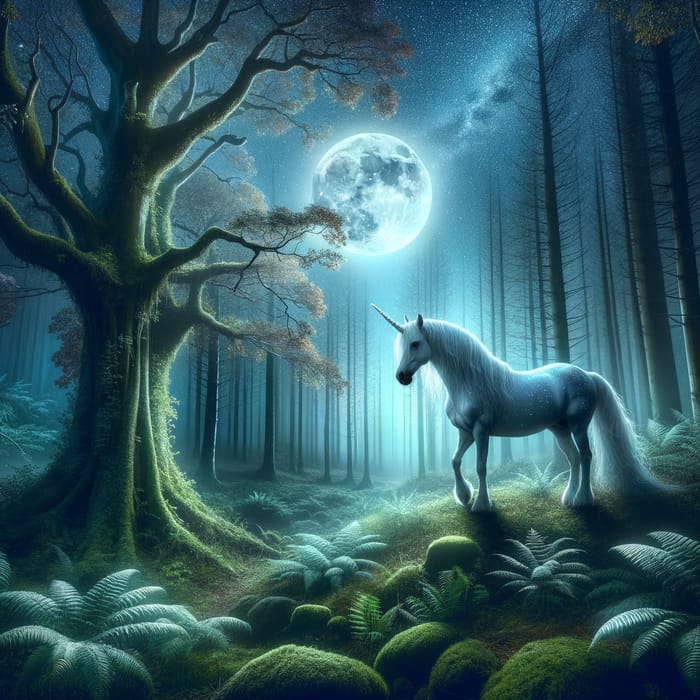 Unicorn in Mystical Forest under Moonlight