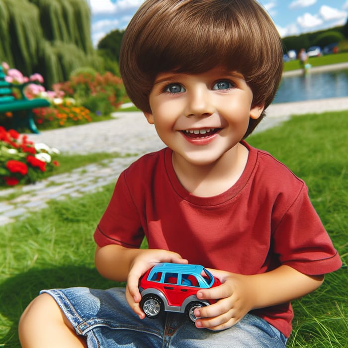Adorable Boy Playing with Toy Car Outdoors