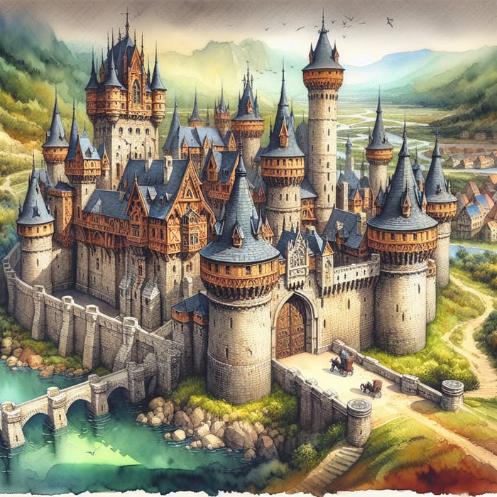 European Medieval Castle Watercolor Painting