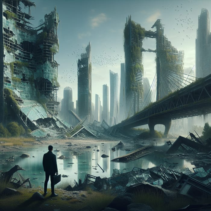 Desolate Cityscape: Post-Apocalyptic World with Nature Reclamation