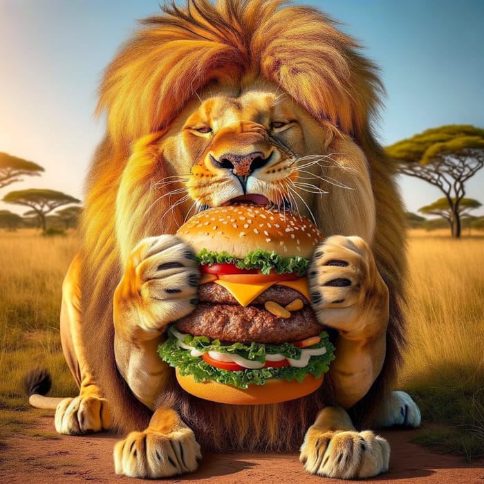 Majestic Lion Eating Burger in African Savanna