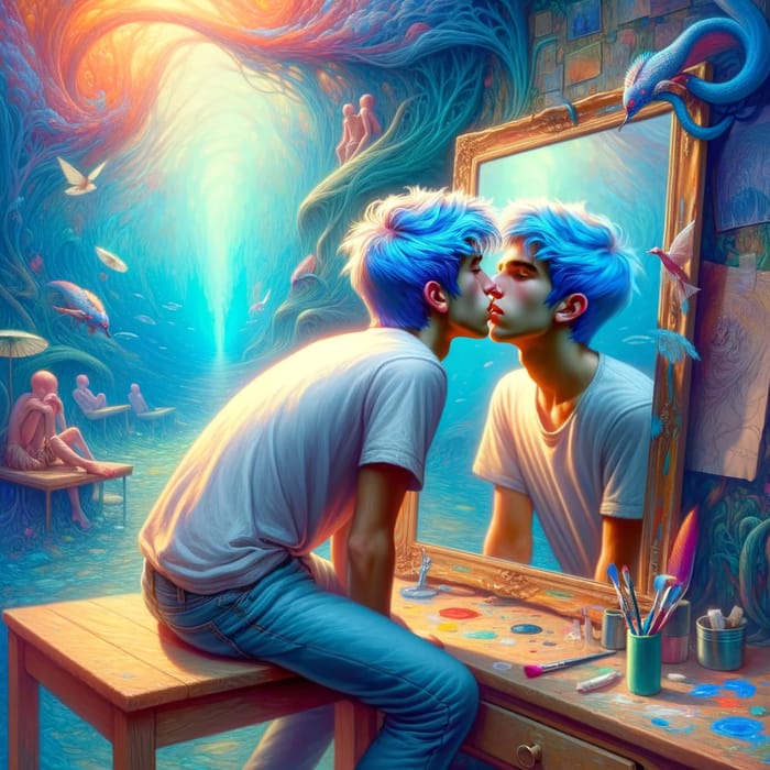 Vibrant Surreal Digital Painting of Teenage Boy Kissing Reflection