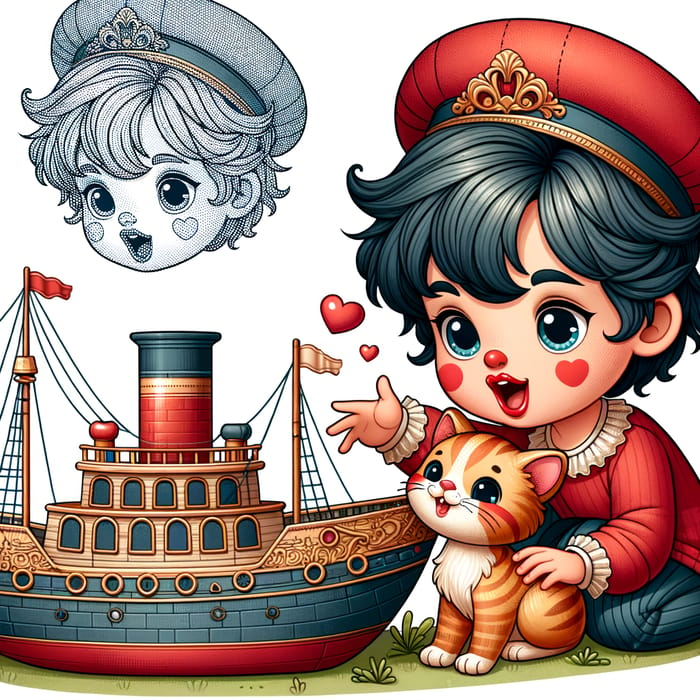 Colorful Clipart: Young Boy Playing with Cat and Toy Ship