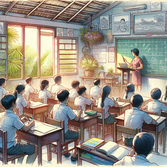 Inspiring Tropical Classroom Sketch | Engaged Students, Diverse Culture