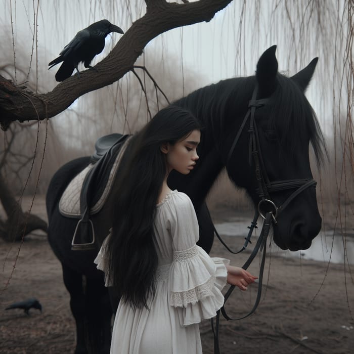 Mysterious Girl in White Dress with Black Horse by Willow Tree