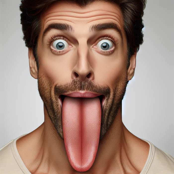 Handsome Caucasian Man with Surprised Expression and Long Tongue