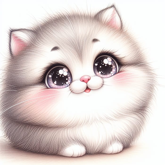 Whimsical Adorable Chunky Kitten Drawing | Pure White Background