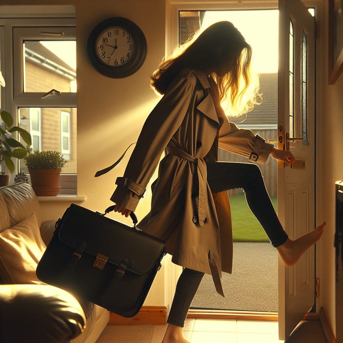 Teenage Girl Balancing Briefcase and Outerwear at Home