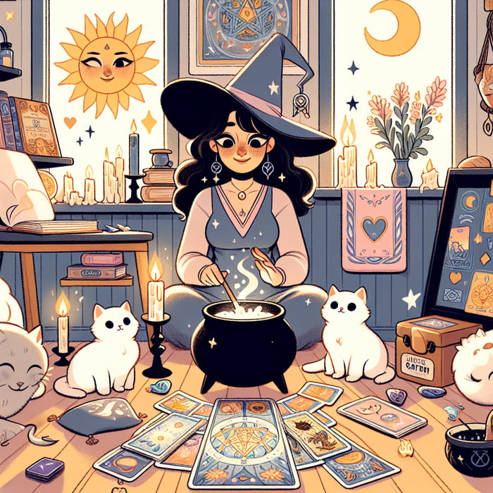 Compassionate White Witch in Cartoon Style with Tarot, Cats, and Magic