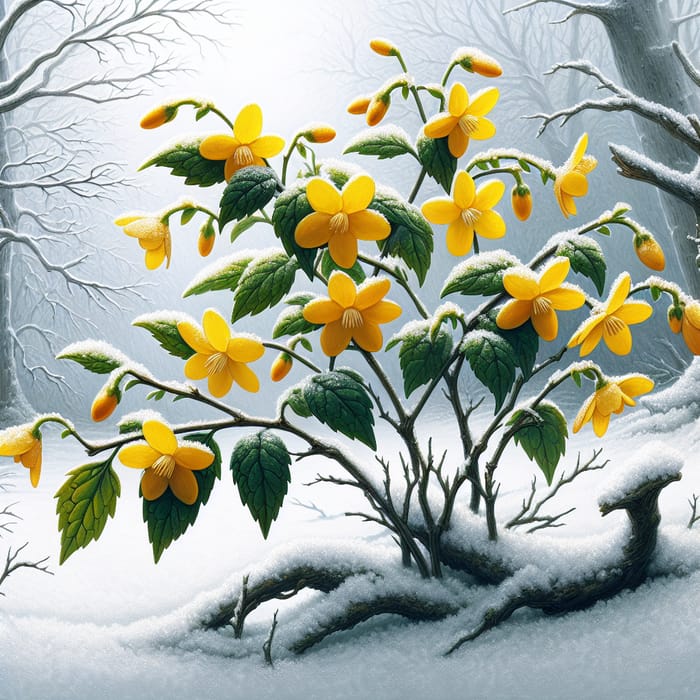 Winter Jasmine: Resilient Yellow Flowers against Wintery Backdrop