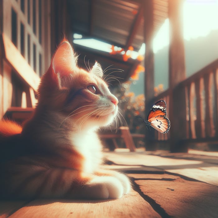 Adorable Domestic Cat Watching Butterfly