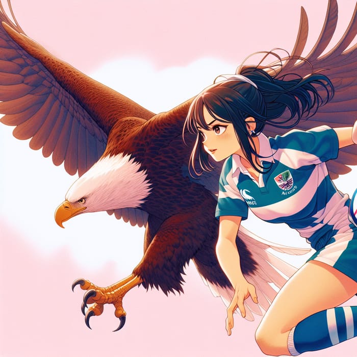 Anime Rugby Girl in Action with Majestic Eagle - iPhone Wallpaper