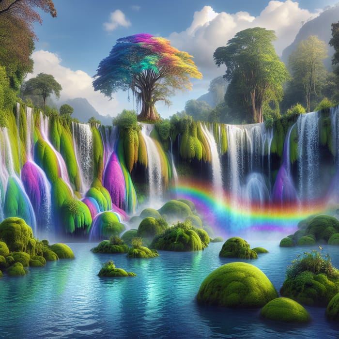 Ethereal Imaginary Waterfall: Vibrant Colors & Moss-Covered Rocks