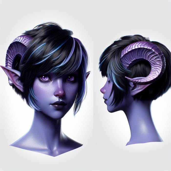 Captivating Lilac Tiefling Teen with Blue and Black Bobcut