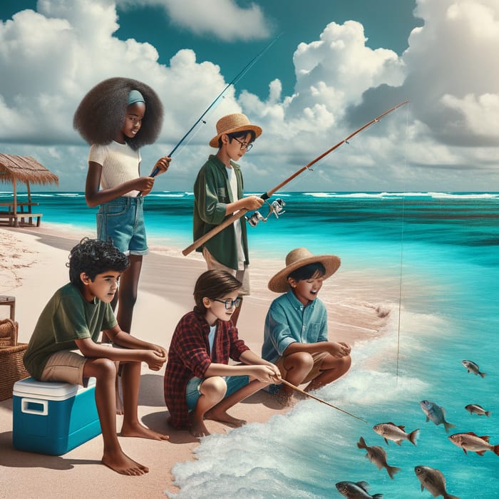 Children Fishing by the Sea - Diverse Group Captivated by Aquatic Life