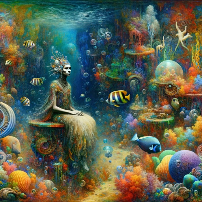 Surreal Underwater Mermaid Art with Vibrant Coral Reefs