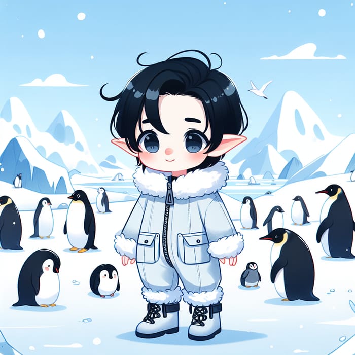 Adorable White Elf with Black Hair in Snowsuit with Penguins | Antarctica