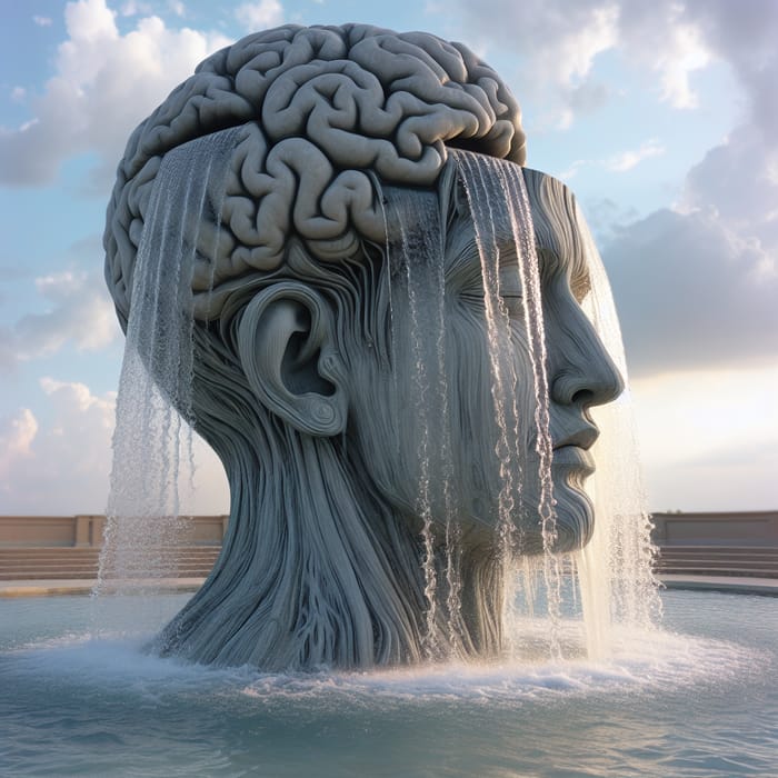 Knowledge Overflow: Human Head Sculpture Drenched in Wisdom