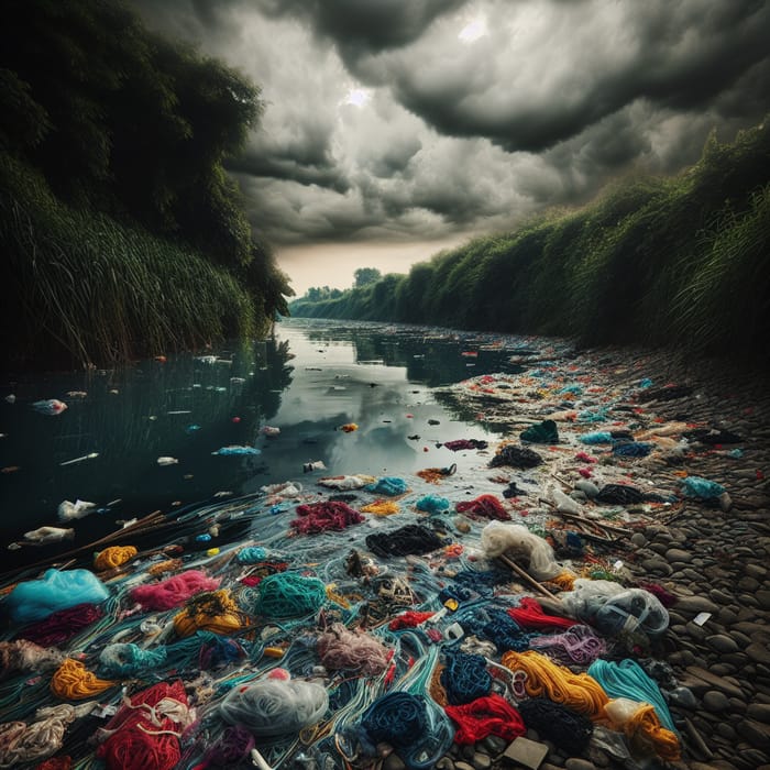 Devastating Pollution Scene: River Polluted by Synthetic Fibers