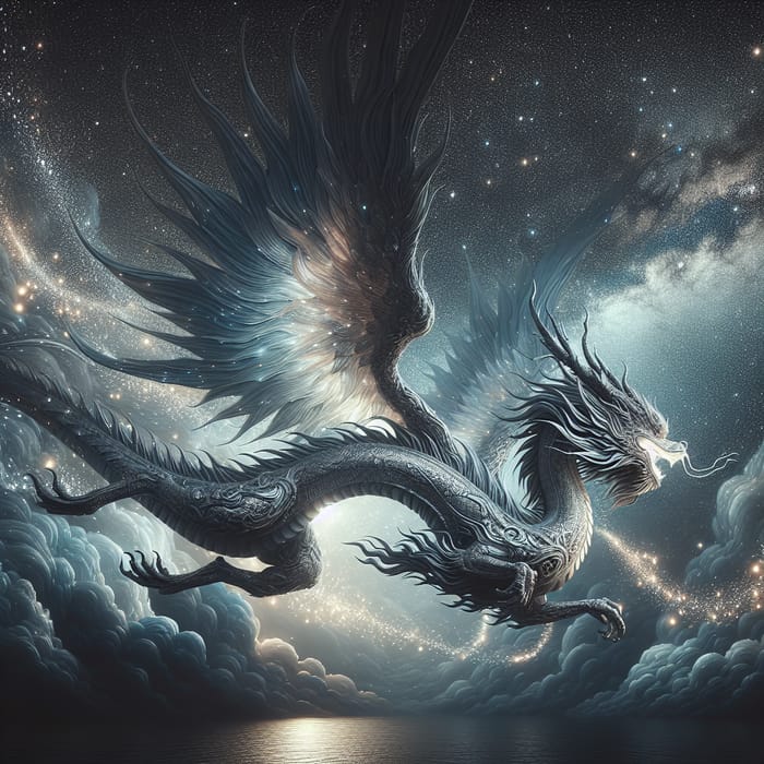 Majestic Dragon Soaring Through Starlit Sky - Birth of Dreams and Imagination