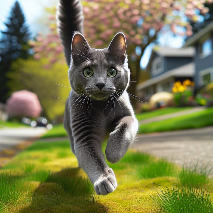 Grey Domestic Cat Running Away in Sunlit Neighborhood