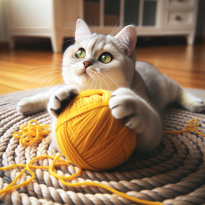 Adorable Cat Playing with Yellow Yarn Ball