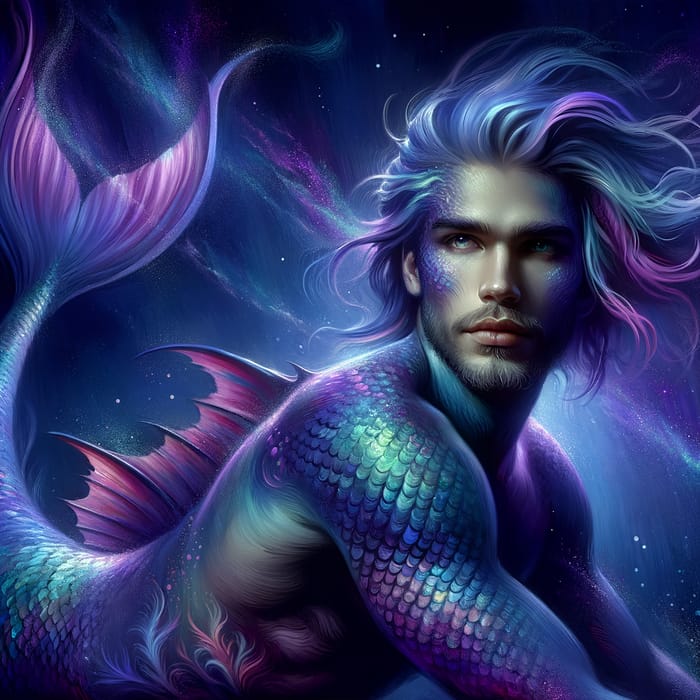 Mysterious Male Mermaid Emerges - Ocean Fantasy Art