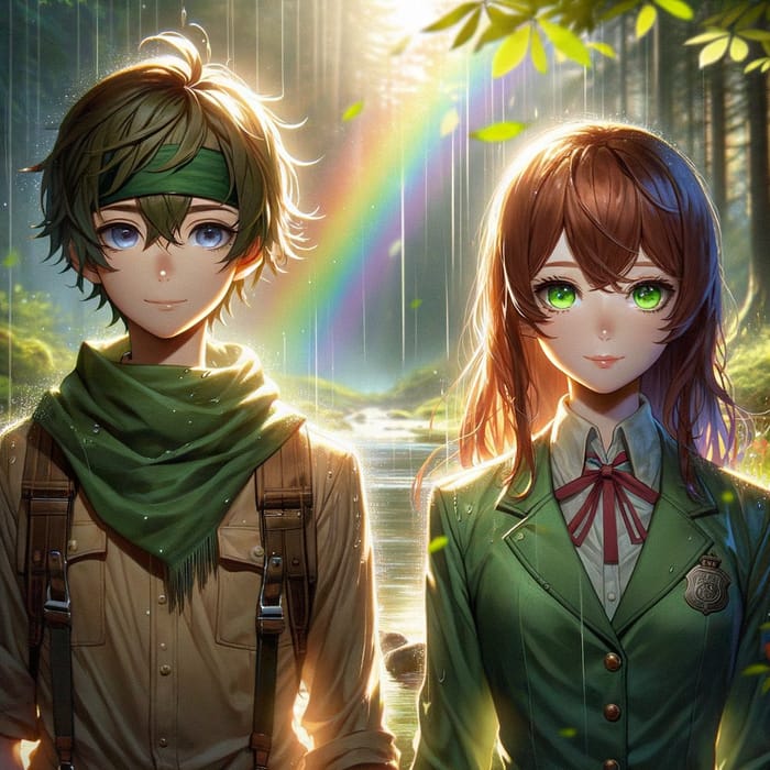 Enchanting Forest Moment: Boy and Girl Under Rainbow
