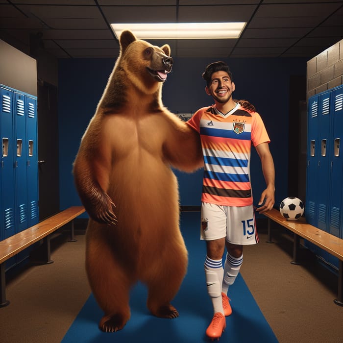 Soccer Player Embracing Bear in Stadium Tunnel