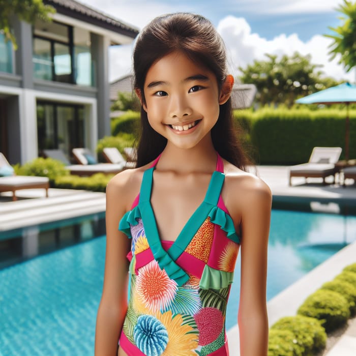 Young Asian Girl in Vibrant Swim Suit at Crystal Clear Pool