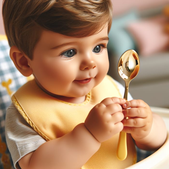 Adorable Baby with Gold Spoon in High Chair