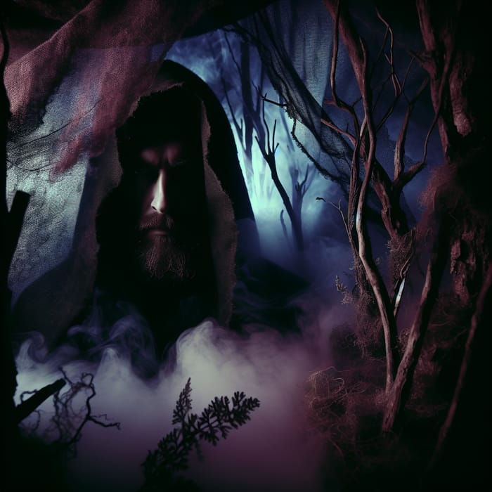 Enigmatic Figure in Mystical Forest Art | Nostalgic Fantasy Scene