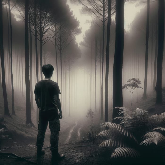 Contemplative Asian Man in Foggy Forest | Vintage Noir Scene