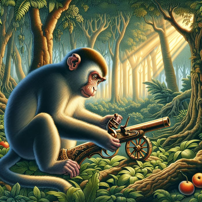 Intelligent Monkey and Vintage Gun in Serene Forest