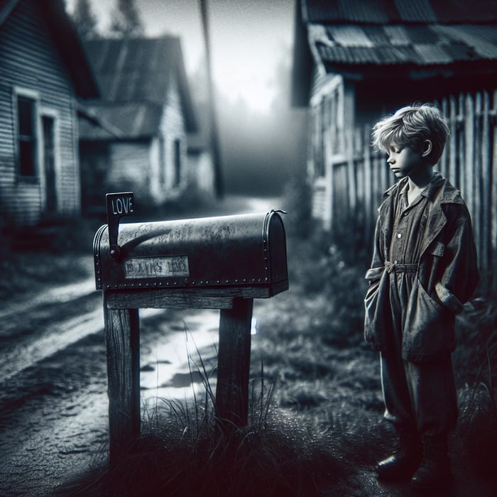 Moody Urban Scene: Boy by Weathered Mailbox in Vintage Black and White