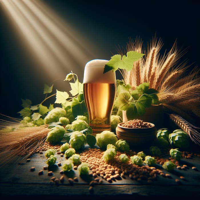 Cinematic Beer Presentation with Foam, Hops, Barley, and Wheat